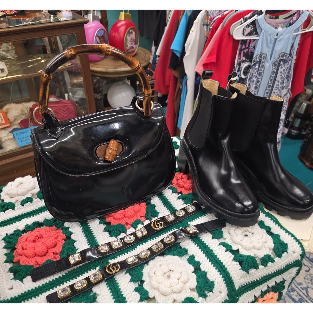 Black combat boots 8.5 with rhinestones and matching vintage purse